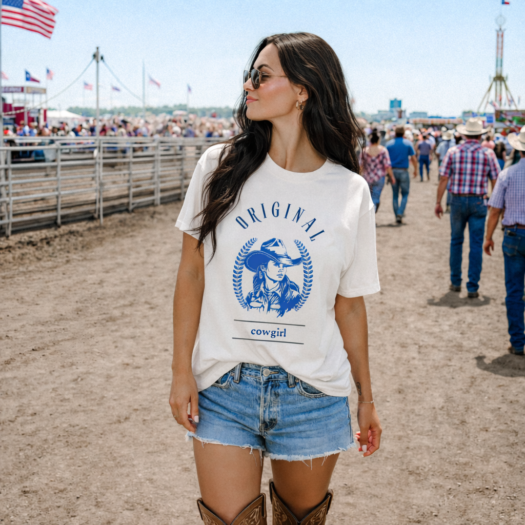 Rodeo Cowgirl Graphic Tee – Western Boots & Cowboy Hat Shirt, Vintage Rodeo Style, Country Girl Outfit, Western Women’s T-Shirt