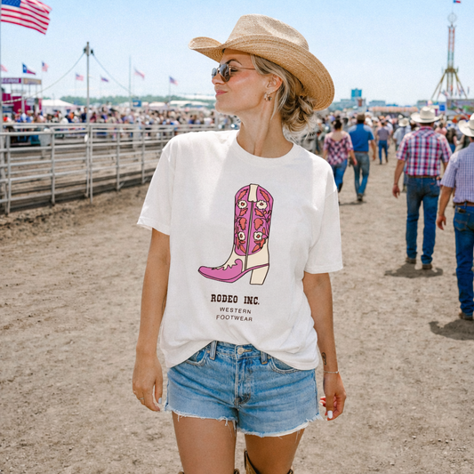 Rodeo Cowgirl Graphic Tee – Western Boots & Cowboy Hat Shirt, Vintage Rodeo Style, Country Girl Outfit, Western Women’s T-Shirt